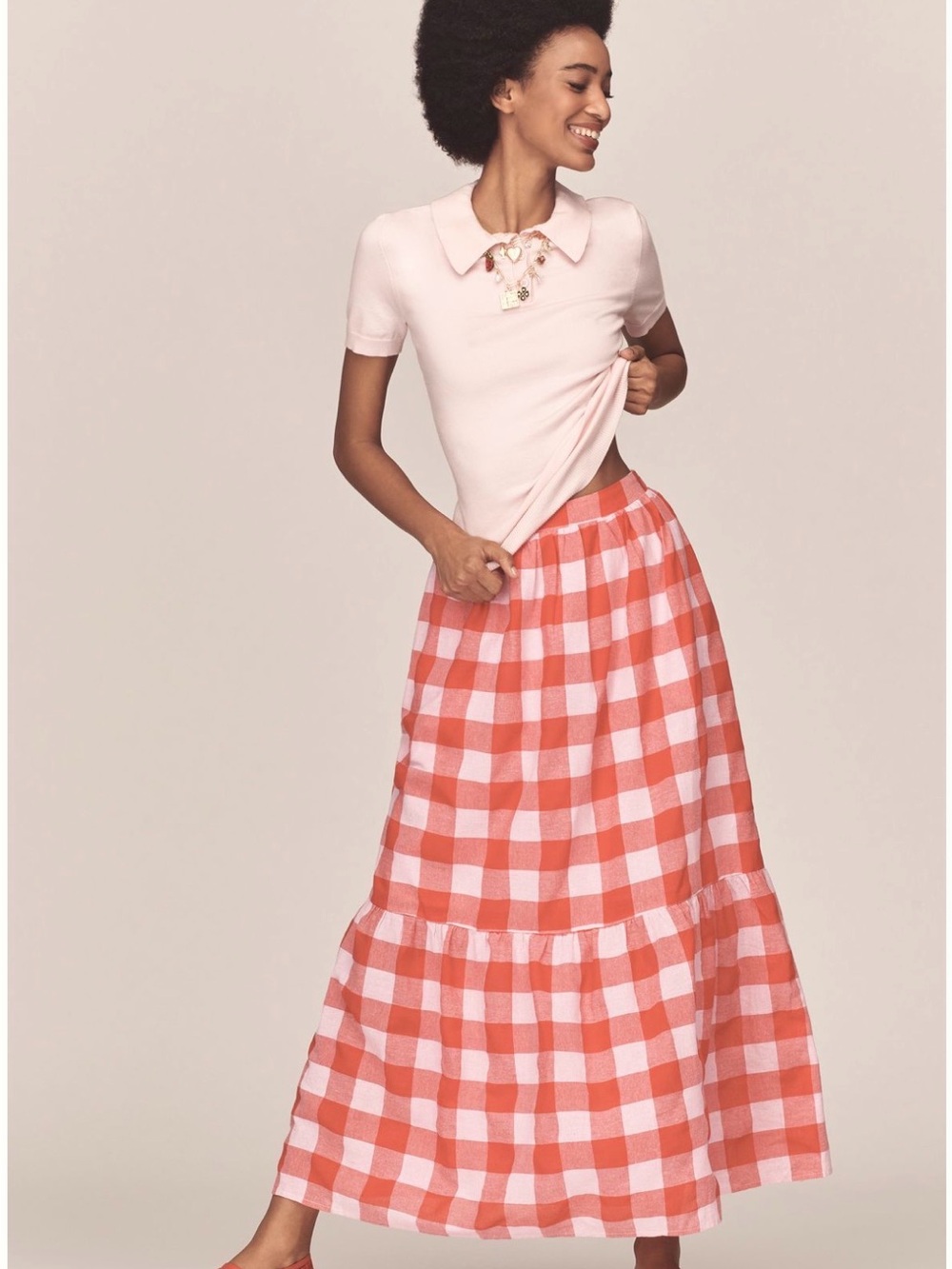 English Factory Pink and Coral Gingham Tiered Maxi Skirt